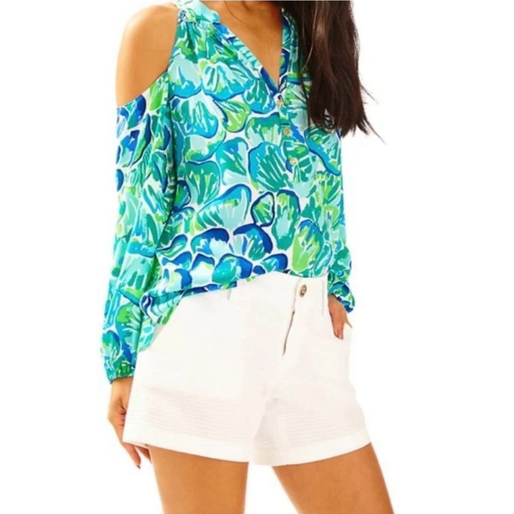 Lilly Pulitzer Sunny Shoulder Silk Elsa Blouse Lazy River Preppy Resort Wear